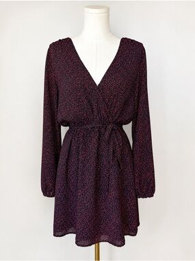 GAP Black Red Heart Print Wrap Dress Small Long Sleeve Tie Waist